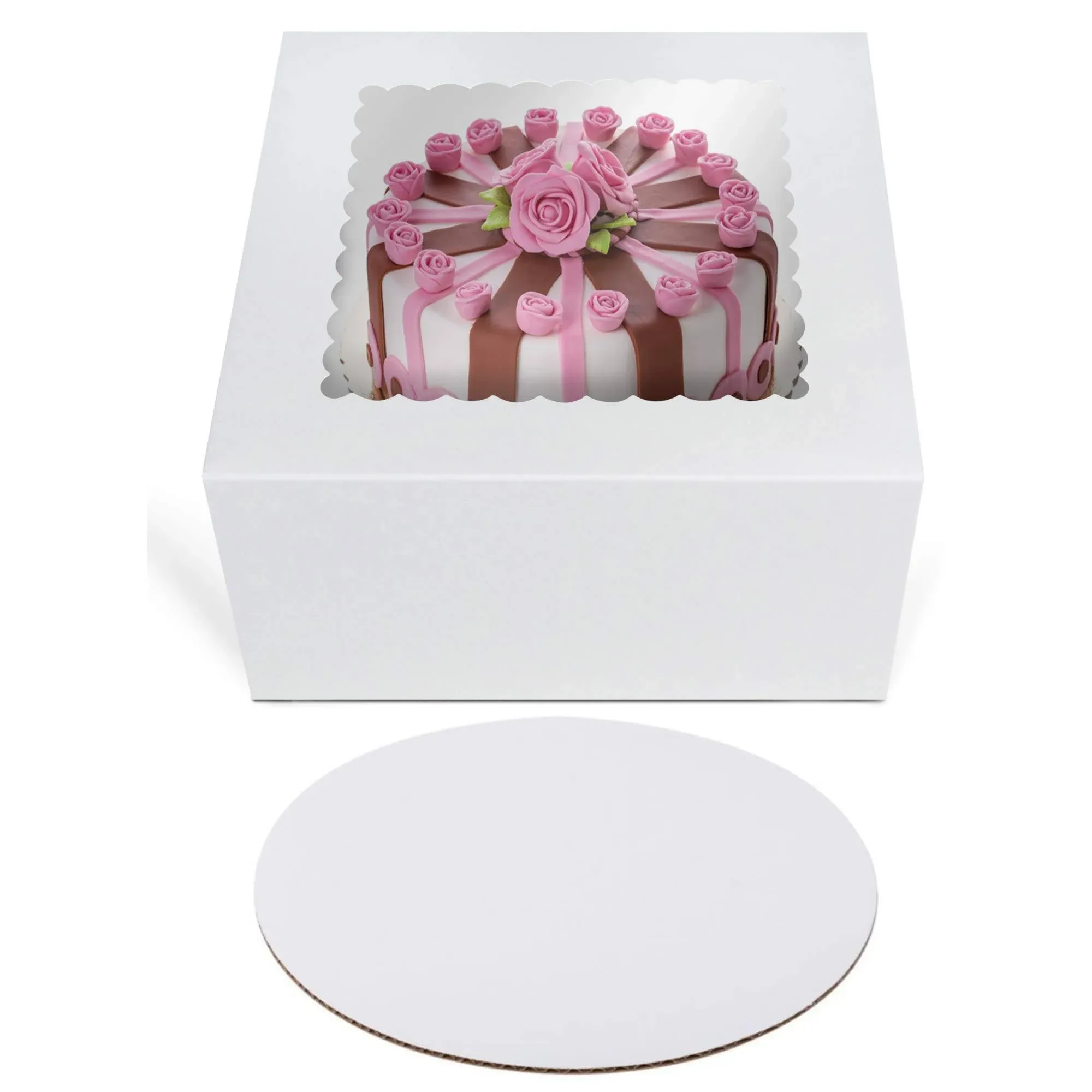 O'CREME Cake Boxes 8" x 8" x 5" and Round Cake Boards 8" Inch, Bakery Box with Window - 10 Pack of Each - White Kraft Paperboard - Bakery Cake Supplies - 10 Pack