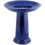 Esschert Design USA  Ceramic Bird Bath on Pedestal with Bird, Teal