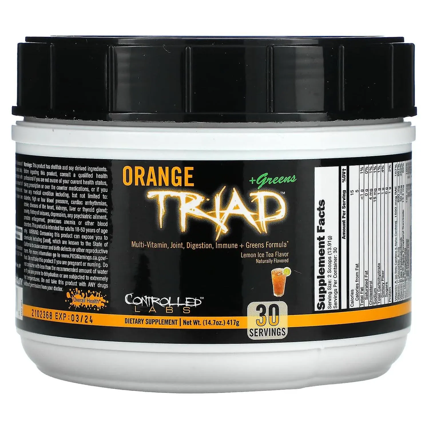 CONTROLLED LABS Orange Triad Plus Greens for Men and Women, 30 Servings Iron Free Sports Supplement for Overall Health, Multivitamin, Digestion, Immune System, and Joint Health