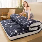 MAXYOYO Navy Floral Printed Padded Japanese Futon Mattress, Quilted Bed Mattress Topper, Folding Sleeping Pad Guest Bed for Camping Couch, Queen