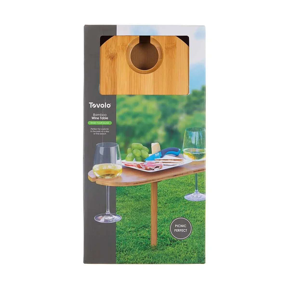 Tovolo Outdoor Wine Holder Bamboo Table, Holds 2 Glasses, Collapsible, Portable 