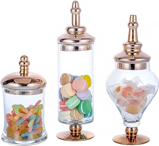 MyGift 3 Piece Set Antique Clear Glass Bathroom Apothecary Jars with Lid, Wedding Centerpiece, Kitchen Storage Jars with Metallic Copper Base and Lids