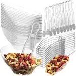 6 Oz Clear Plastic Dessert Bowls (16 Pcs) with (8) Scoops and (8) Tongs, Angled 