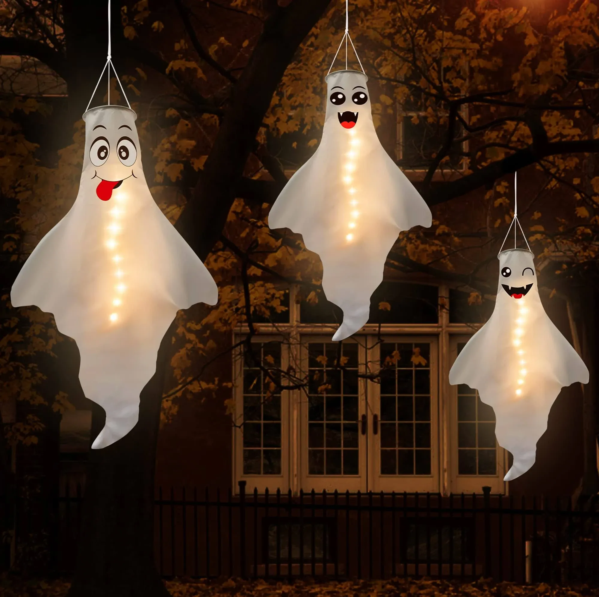 3PCS Halloween Decorations Outdoor Ghost Windsock LED Hanging Decor - Hallowmas Wind Sock Tree Yard Party Ornaments（No Batteries & No Timer）