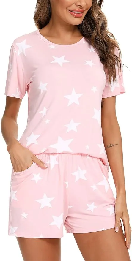 EISHOPEER Women's Pajamas Sets Cute Print Tee and Shorts Sleepwear Pjs Sets 2 Pieces Loungewear