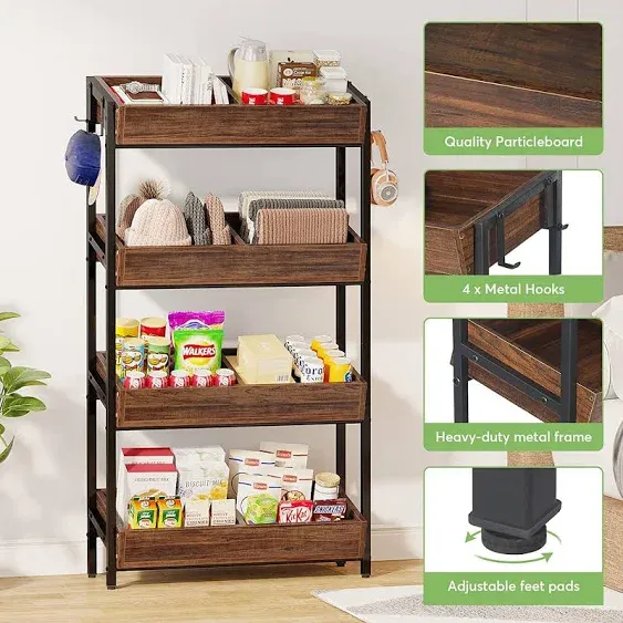 Tribesigns Wood Fruit and Vegetable Basket Stand Rack for Kitchen, Office, Store, Supremarket, Pantry Shelf Unit for Snacks, 4-Tier Wooden Utility Storage Shelves (1, Brown+Black)