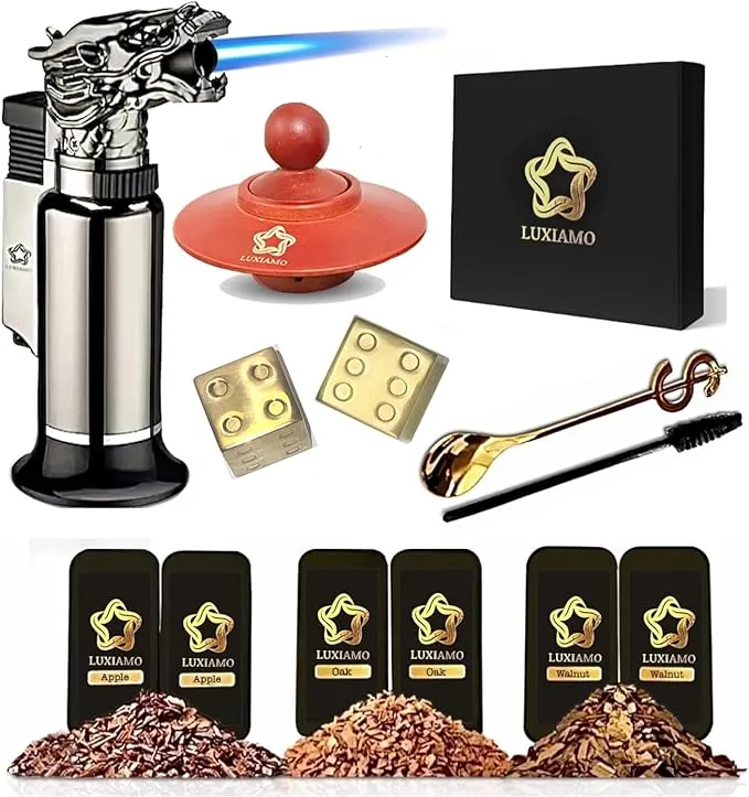 Cocktail Smoker Kit With Torch in Gift Box, 3 Flavors Wood Chips, Bourbon, Whiskey Smoker Infuser Kit, Old Fashioned Drink Smoker Kit, Birthday Bourbon Whiskey Gifts for Men, Dad, Husband (No Butane)