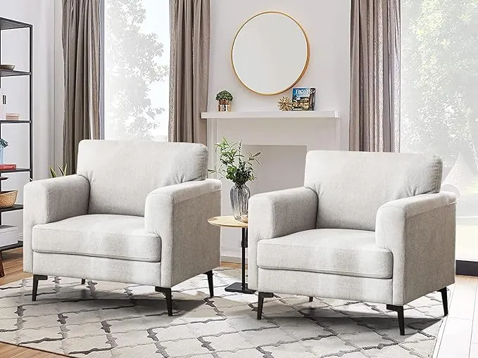 CDCASA Accent Chair, Linen Fabric Oversized Mid Century Modern Chair Set of 2, Comfy Upholstered Armchair Reading Accent Chairs Sofa Chairs for Bedroom Living Room, Light Gray