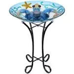 Glass Bird Bath, Bird Baths for Outdoors, Solar Bird Feeder with Metal Stand for