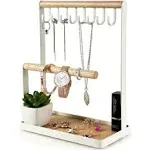 PAMANO Jewelry Stand Holder, 3-Tier Necklace Hanging Wooden Ring Organizer Earring Tray, 8 Hooks Storage Necklaces, Bracelets, Rings & Watches