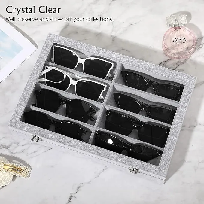 Emibele Glasses Organizer Jewelry Tray, 8 Grids with Clear Lid Velvet Tray Watch ...