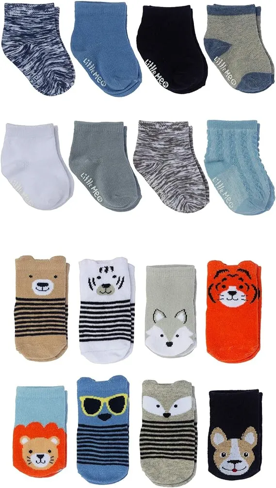 Little Me 16-Pack Newborn Baby & Infant Boys Socks- Solids, Space Dye & Cute Animals Assorted Pack- 0-12 Months