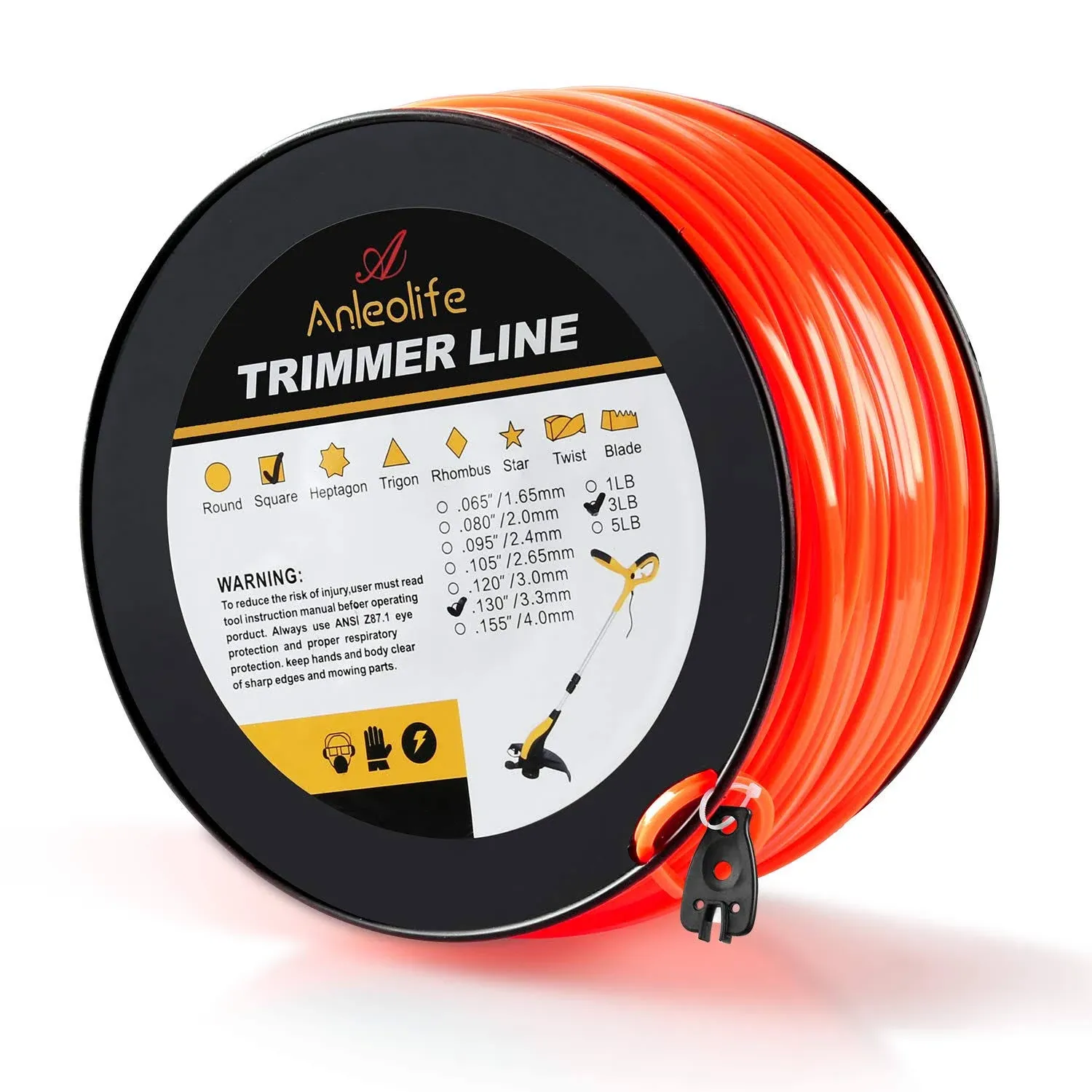 A ANLEOLIFE 3-Pound Commercial Square .130-Inch-by-420-ft String Trimmer Line in Spool,with Bonus Line Cutter, Orange