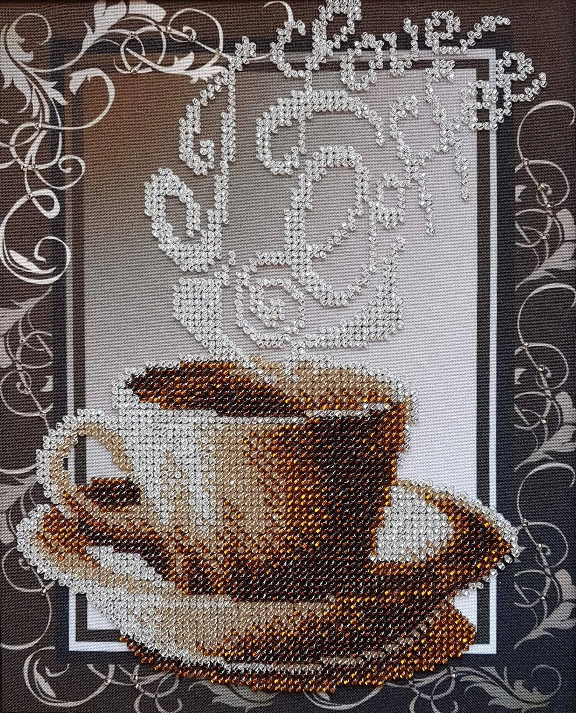 Beaded Embroidery kit Coffee Cup Beaded cross stitch Still Life DIY gift idea Morning Coffee Wall decor braun needlework tapestry