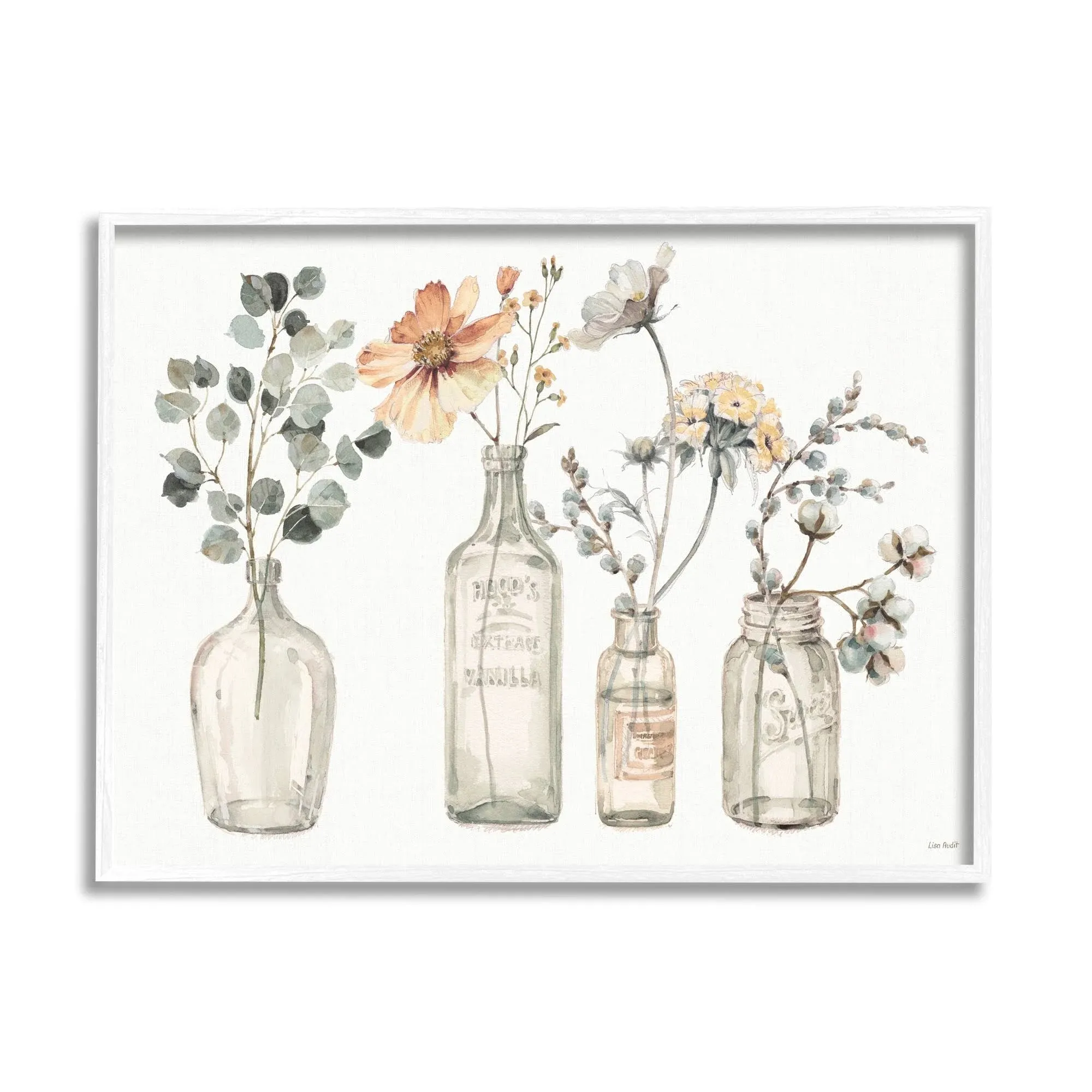 Stupell Industries Antique Floral Bouquets Flowers Glass Jar Painting Framed Giclee Art Design by Lisa Audit