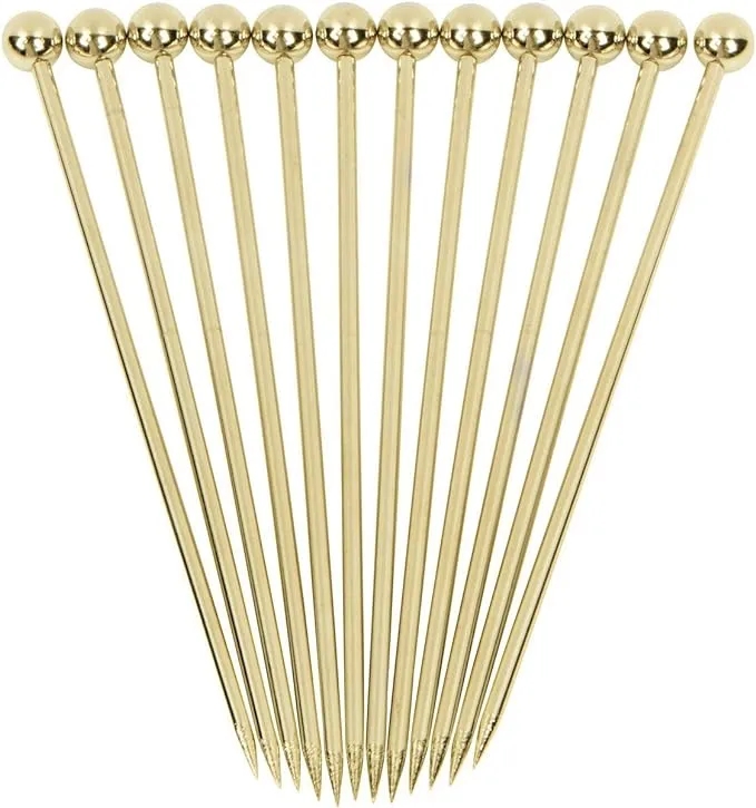 Cocktail Picks Stainless Steel Martini Skewer Reusable Ball Top,Gold (Set of 12)