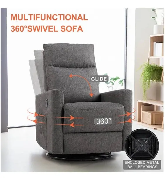 Sweetcrispy Swivel Rocking Rocker Recliner, Glider Nursery Chair for Living Room with Extra Large Footrest, High Back, Upholstered Deep Seat (Dark