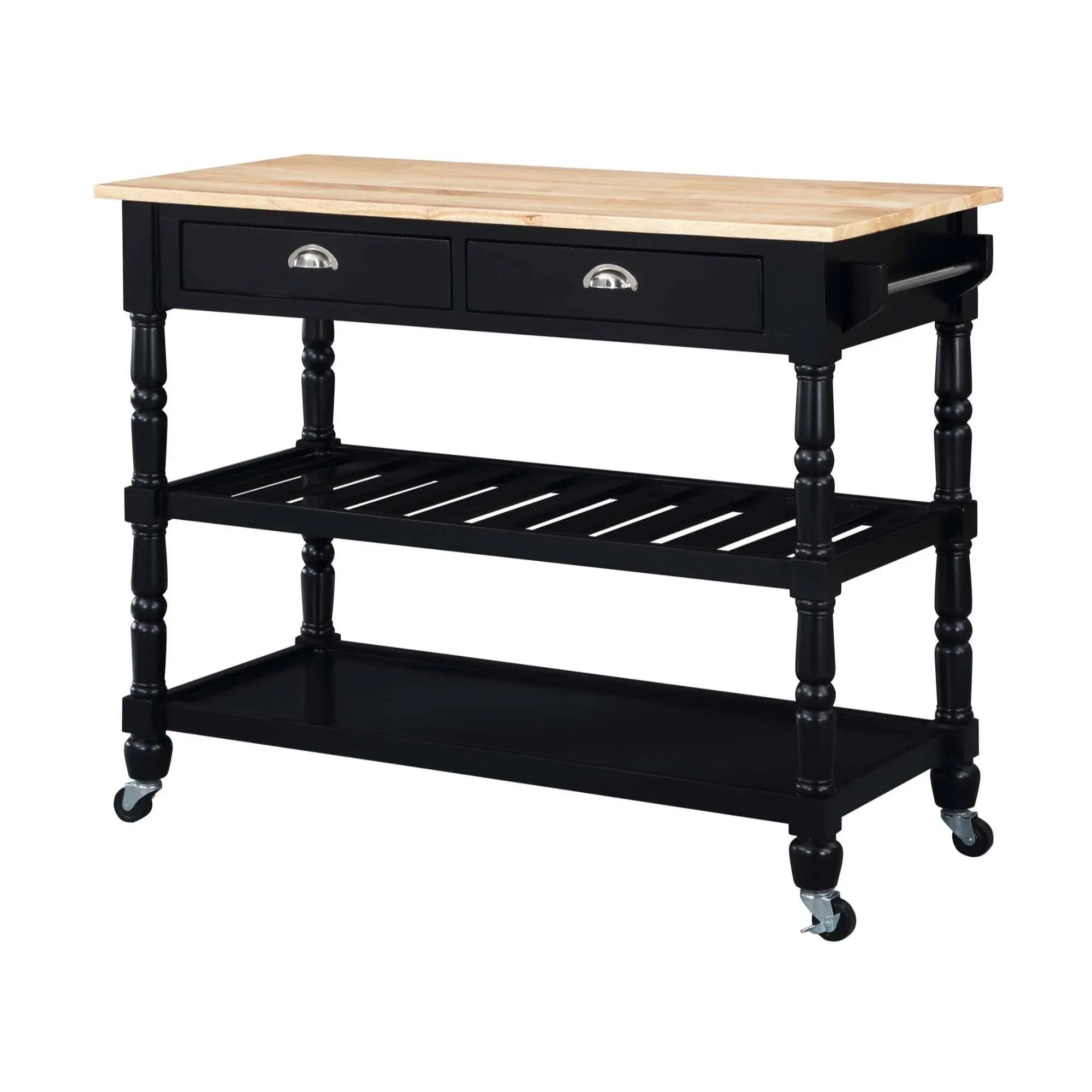 French Country 3 Tier Butcher Block Kitchen Cart with Drawers, Butcher Block/Black