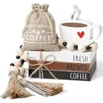 6 PCS Coffee Bar Decor Mini Coffee Bar Accessories Coffee Bar Sign Coffee Tiered Tray Decor Coffee Wooden Book Stacks Rustic Farmhouse Coffee Table Sign