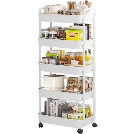 5-Tier Rolling Cart, Utility Cart with Lockable Wheels, Storage Cart Craft Cart Book Cart Diaper Cart Organizer for Bathroom Kitchen, White