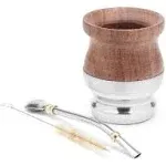 BALIBETOV Natural Carob Wood Mate Set (Mate Cup - Mate bottle) Handmade with Bombilla (Sorbet) for Drinking Yerba Mate (Wood with Aluminium Base)