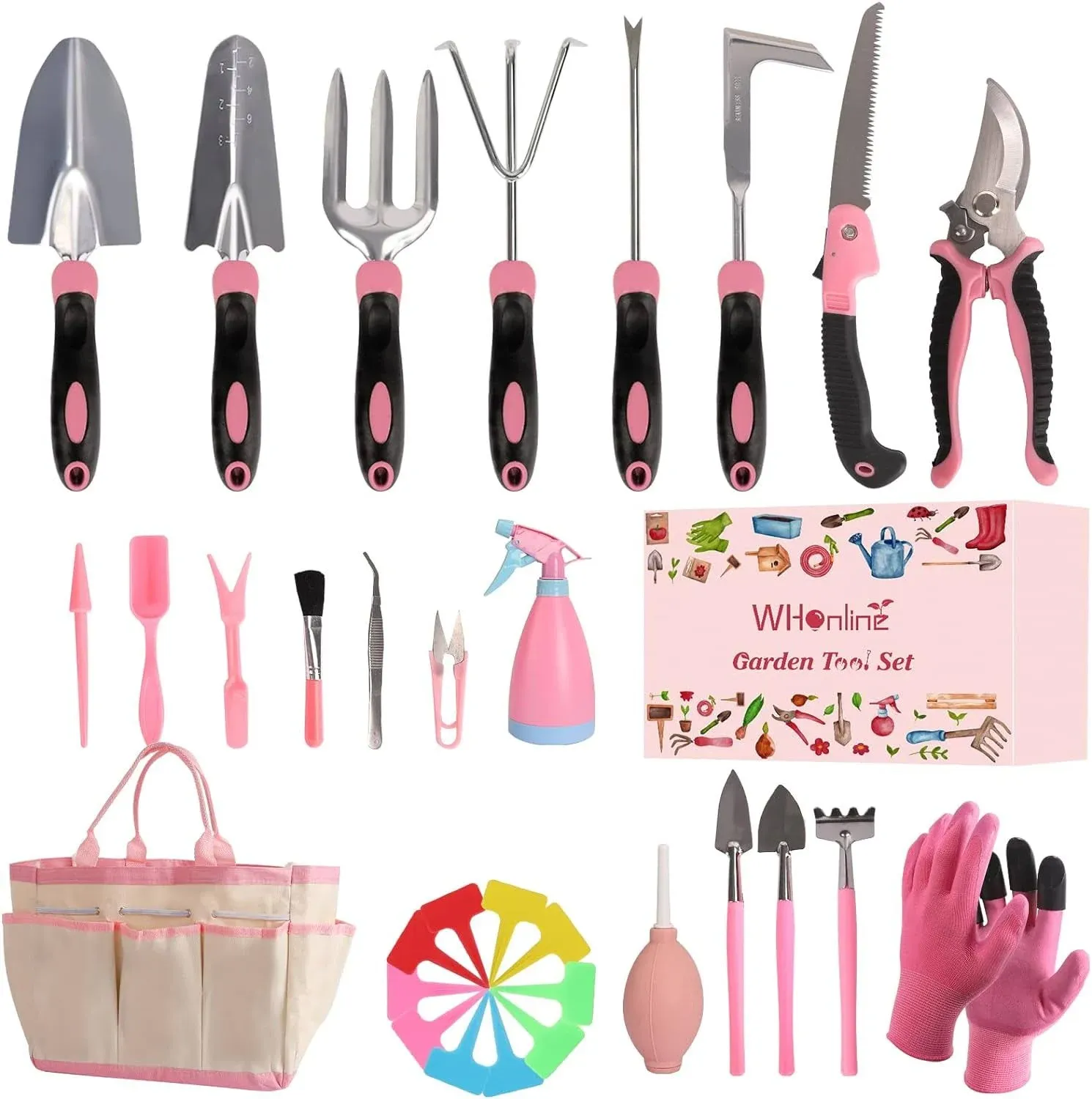 Whonline Pink Garden Tool Set for Women, 31pcs Succulent Gardening Tool Kit ...