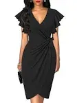 oten Womens Deep V Neck Ruffle Sleeve Sheath Casual Cocktail Party Work Faux Wrap Dress