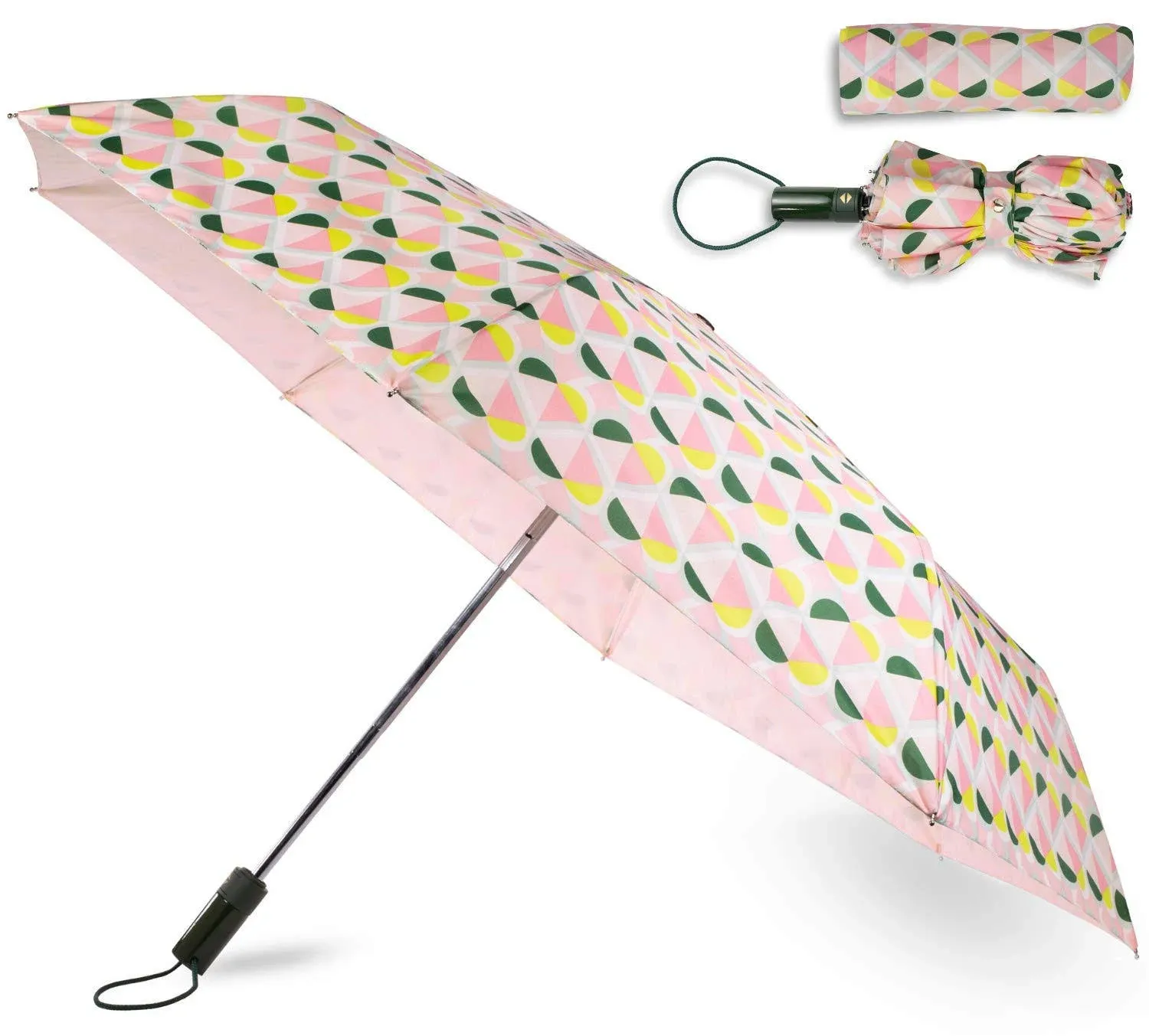 NWT Kate Spade New York Geo Spade Travel Umbrella &amp; Sleeve Pink Green Yellow