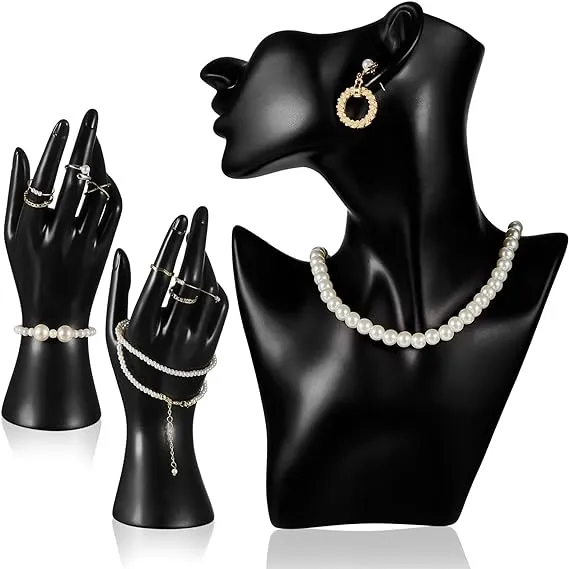 Kigley 3 Pcs Jewelry Mannequin Display Set Including Boutique Bust Holder Mannequin Earring Stand Female Mannequin Hand Display Bracelet Ring Stand for Selling Show(Black)