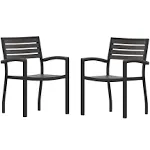 Flash Furniture Lark Set of 2 Stackable Aluminum Patio Chairs - All-Weather Black Framed Side Chairs with Gray Wash Faux Teak Slats - Commercial Grade