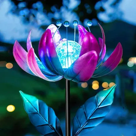 Solar Purple Metal Flower Wind Spinners, Colorful Spinning Windmill Lotus Yard Art Lights Wind Pinwheels with LED Crystal Ball Decorative Stake Lighting Flower Sculpture