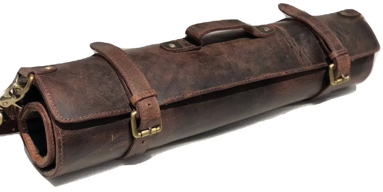 Buffalo Leather Knife Roll Storage Bag Chef Cutlery Tools Case Travel-Friendl<wbr/>y