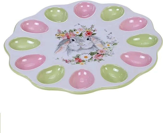 Certified International Pink &amp; Green Sweet Bunny Deviled Egg Platter