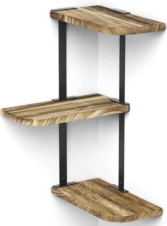 Love-KANKEI Corner Shelf Wall Mount of 3 Tier Rustic Wood Floating Shelves for Bedroom Living Room Bathroom Kitchen Office and More Carbonized Black