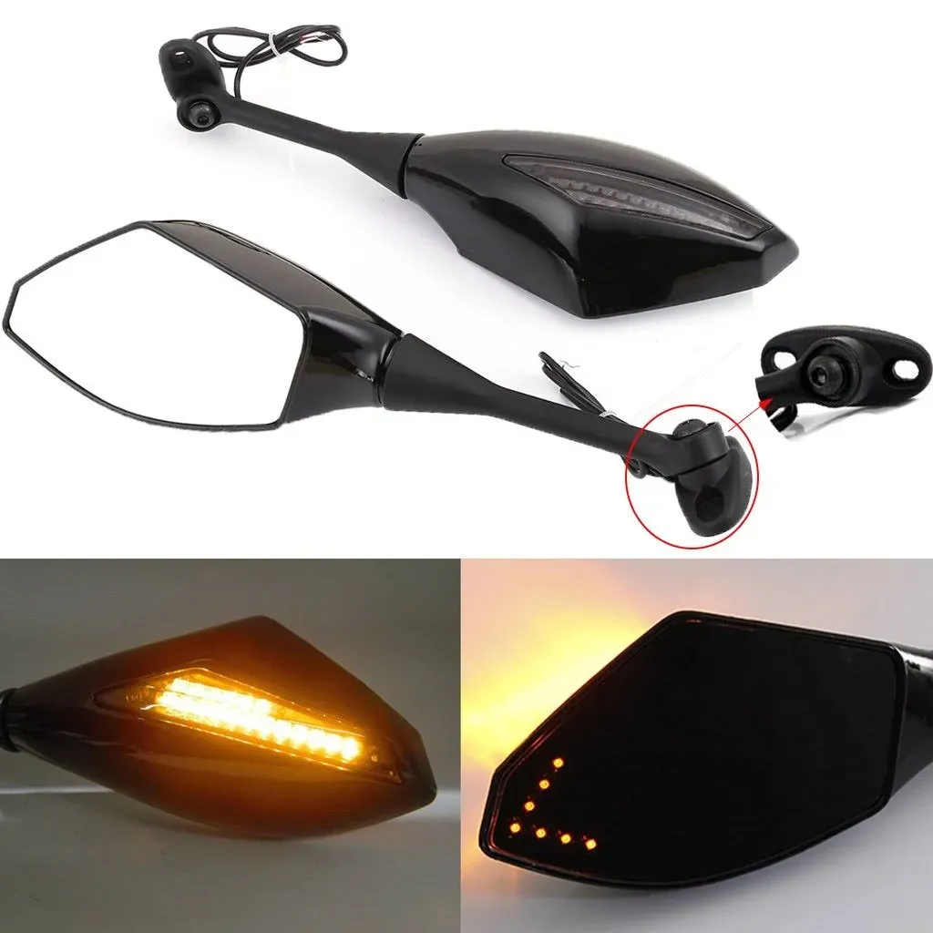 Black Motorcycle Side Rear View Mirrors with Turn Signal for Sport Bike Honda...