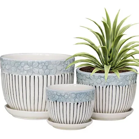 Ton Sin Grey Flower Pots,Texture Planter for Indoor Plants Set of 3 Ceramic Flower Pots with Saucer,Cute Garden Pots Succulent Pots（3 Pack,Grey