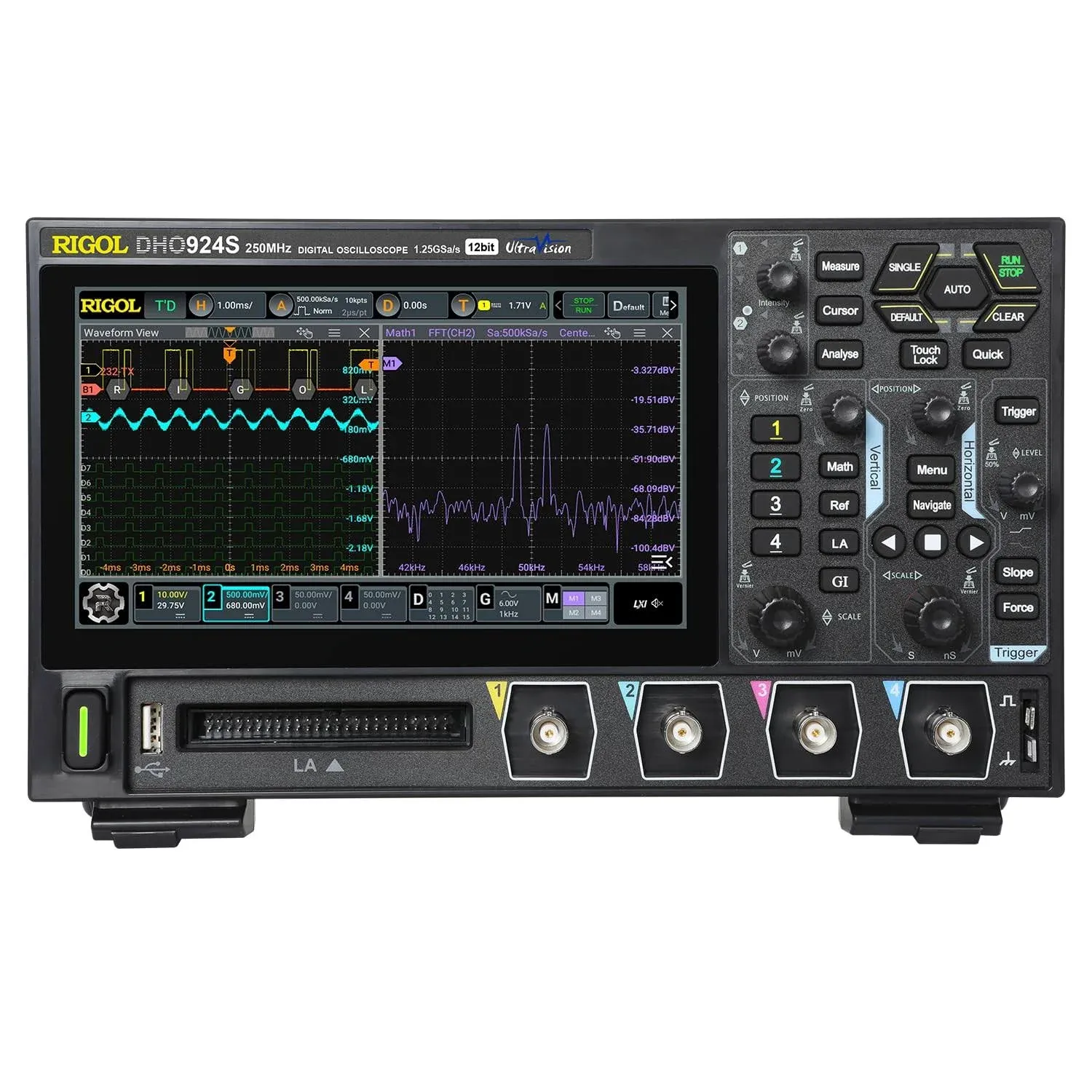 Rigol DHO924S Portable Digital Oscilloscope, 250MHz Bandwidth, 4 Analog channels, 16 Digital channels, 12-Bit Vertical Resolution, Supports Bode