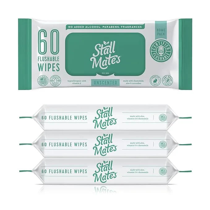 Stall Mates Wipes: Flushable Wipes | 60-Wipe Home Pack | Hypoallergenic | Unscented with Vitamin-E & Aloe | (4 Pack - 240 Wipes Total)