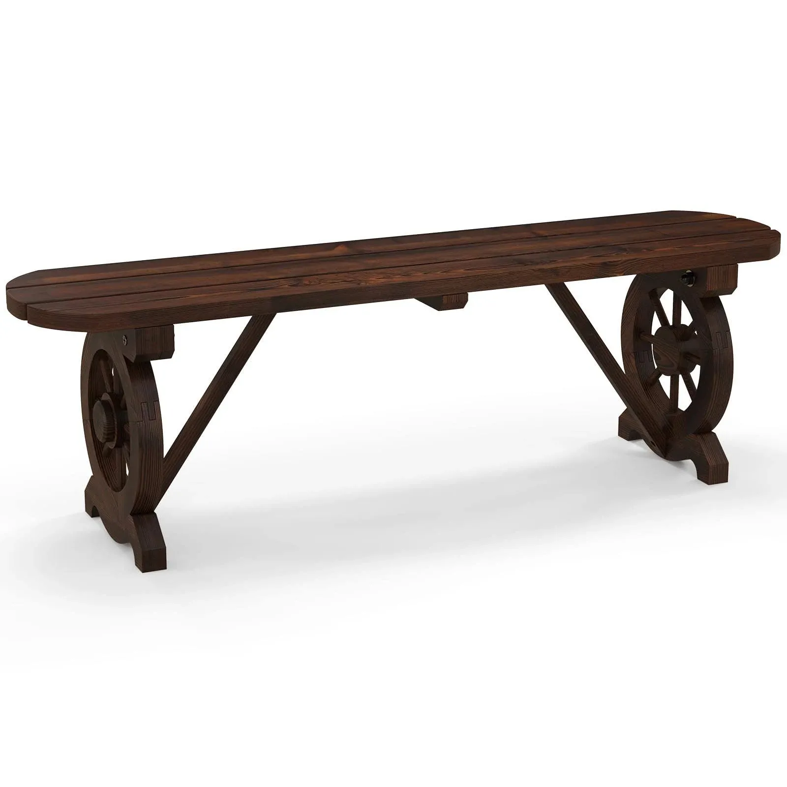 Tangkula Patio Rustic Wood Bench, Carbonized Wood Long Bench with Wagon Wheel Base, Slatted Seat Design