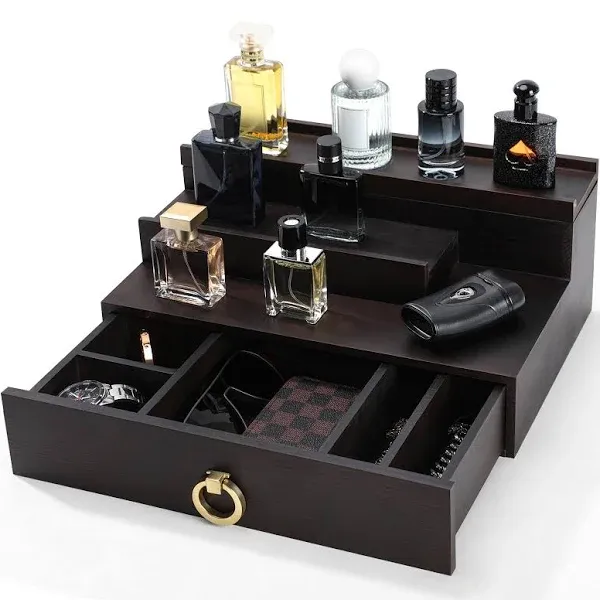 3 Tier Wooden Cologne Organizer for Men - Elevated Display Shelf with Drawer Sto