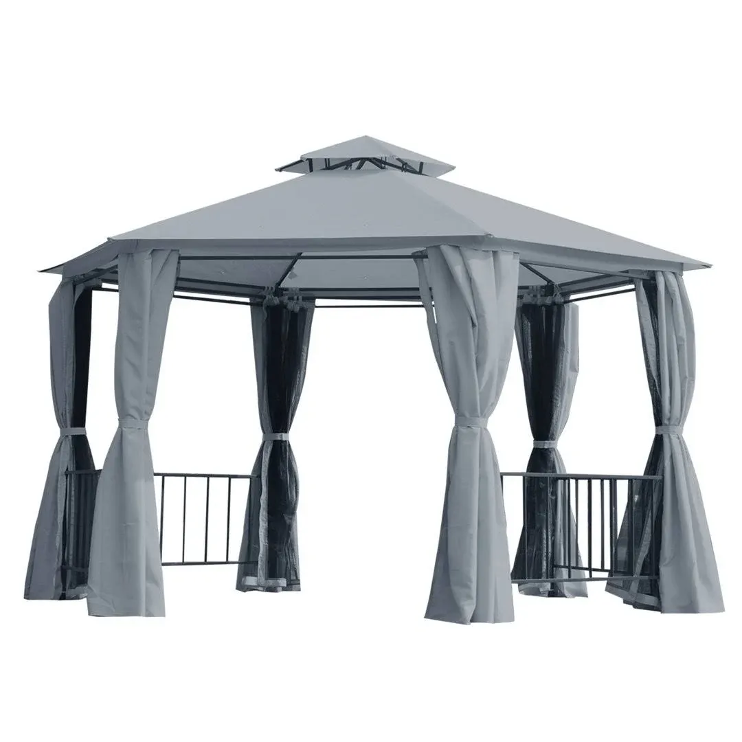 Outsunny 13' x 13' Patio Gazebo, Double Roof Hexagon Outdoor Gazebo Canopy Shelter with Netting & Curtains, Solid Steel Frame for Garden, Lawn, Backyard and Deck, Gray