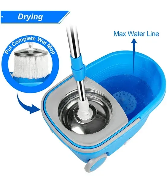 Mop and Bucket with Wringer Set, Mop and Bucket on Wheels Floor Cleaning System with Spin Mop Head 61 Inch Refills Extended Stainless Steel Handle for Home Office Household Cleaning