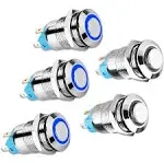 12V 24V 12mm Latching Push Button Switch with High Round Cap, Waterproof Metal Pushbutton Switch Stainless Steel 1NO1NC SPST ON/OFF Self-Locking Marine Switch for 1/2" Mounting Hole (5PCS, Blue Light)