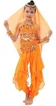 Cielary Kids Girls Belly Dance Halter Top Pants Costume Set Halloween Outfit with Head Veil Waist Chain and Bracelets