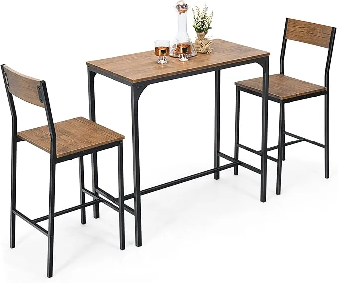 Giantex 3 Piece Pub Table Set, Bar Table and Chairs Set of 2, Kitchen Counter Height Bistro Dinette Hightop Dining Table Set for Small Space Apartment Breakfast Nook Restaurant, Rustic Brown