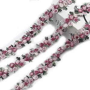 Floral Lace Trim 5 Yards Embroidery Venise Rose Flower Applique Sewing DIY Ribbon Craft for Dress Wedding Party Decoration (Pink)