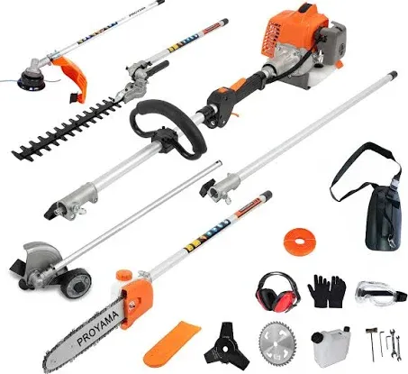 PROYAMA 26cc 6 in 1 Multi Functional Trimming Tools, Gas Hedge Trimmer, Weed Eater, String Trimmer, Brush Cutter, Edger, Pole Saw Chainsaw Pruner with Extension Pole