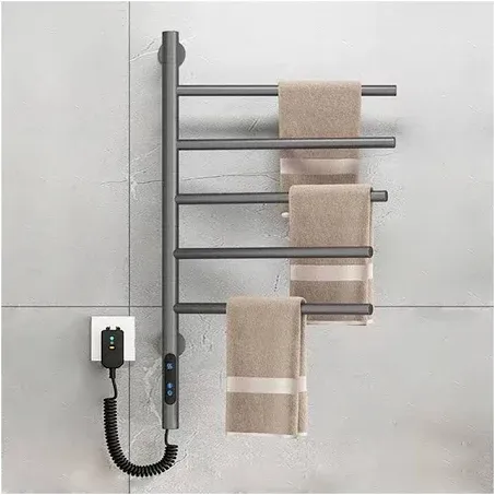 Swivel Towel Rack,Electric Heated Towel Rack Wall Mounted Drying Rack, Stainless Steel Towel Warmer 5 Bars with Built-in Timer, 1h-8h,82W,for Home Bathroom, Salons and Spas,Plug-in,Gray