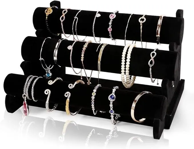 Barelove Bracelet Holder with 3 Tier Rack, Black Velvet Detachable Display Stand Organizer Storage for Jewelry Necklace Bangles Watch Scrunchie for Store Selling or Home Organizer