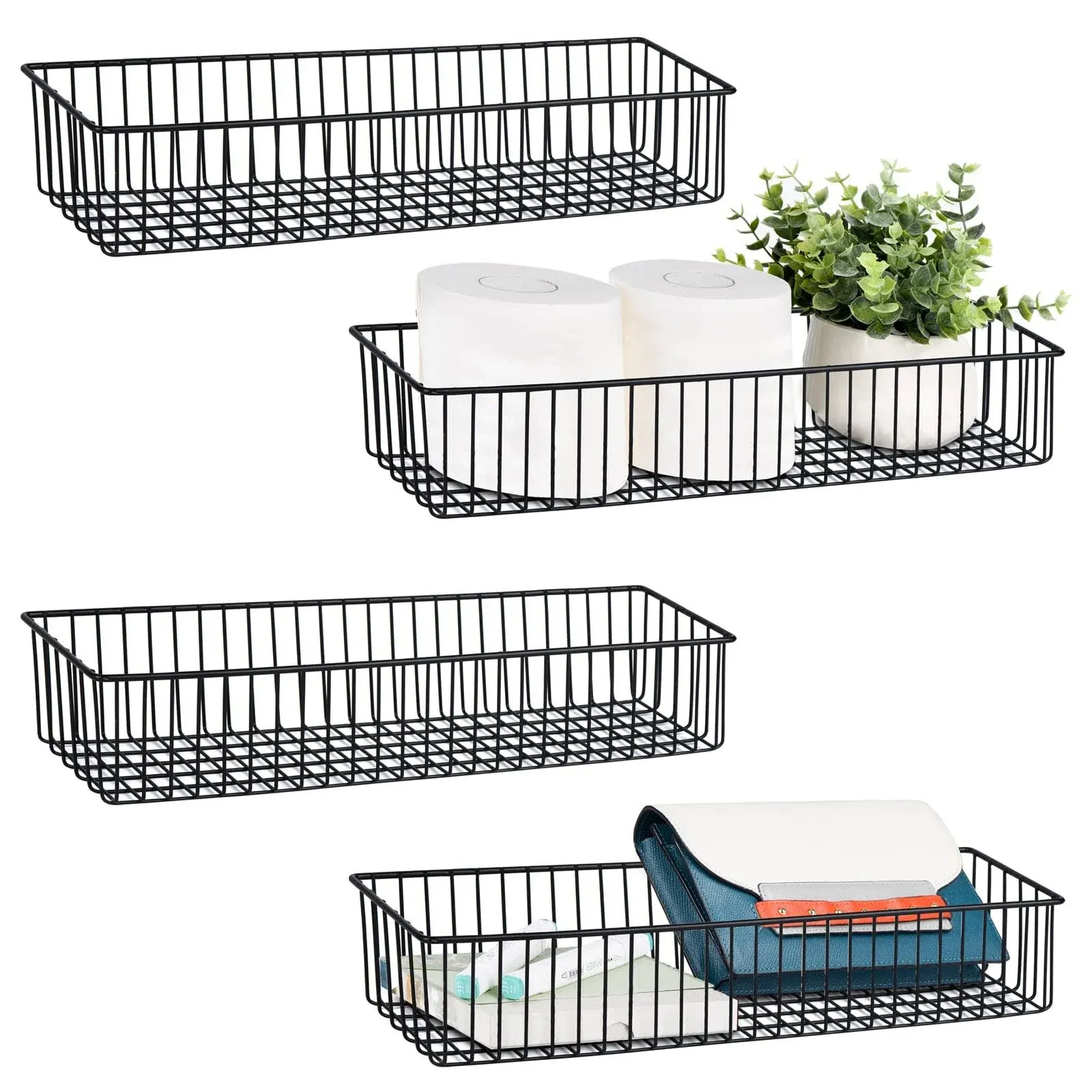 Wetheny Farmhouse Décor Metal Wire Organizer Storage Basket Bin(4 Pack)-Toilet Paper Storage-Organization and Storage for Bedroom, Bathroom, Kitchen Cabinets, Pantry, Laundry Room, Garage (Black)